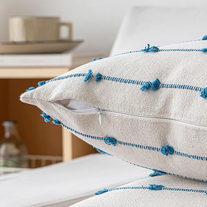 Boho Throw Pillow Covers 22x22 Set of 2 Modern Farmhouse Decorative Cushion Case Tufted Square Pillows Cover Neutral Pillow Cases Accent Pillowcase for Sofa,Couch,Bed,Beige and Blue