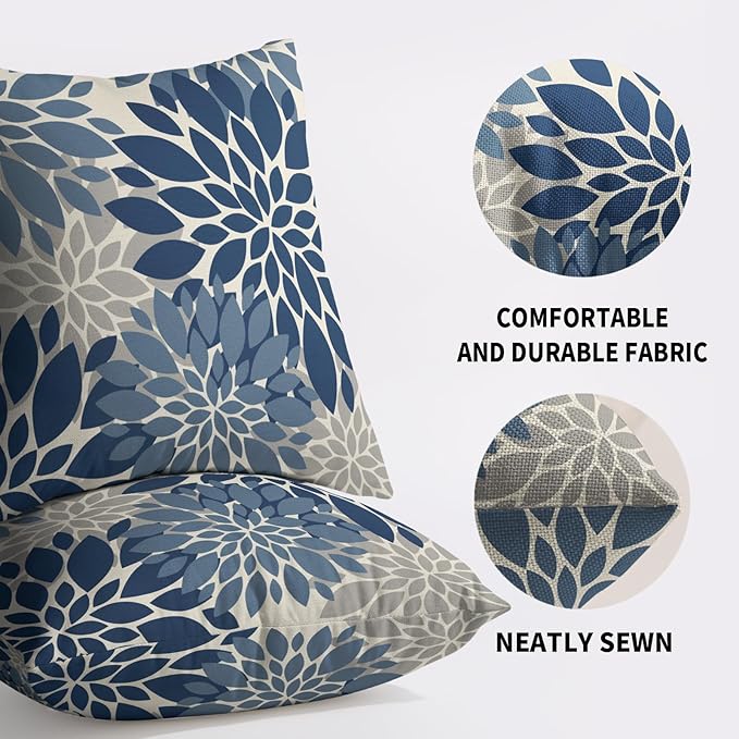 Dark Blue Grey Gray Pillow Covers 16X16 Inch Set of 2, Dahlia Flower Spring Summer Floral Cream Decorative Throw Pillow Covers Outdoor Modern Farmhouse Cushion Case for Home Couch Sofa Bed Decor
