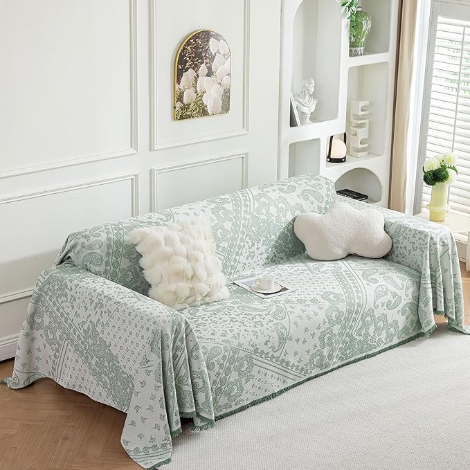 ROOMLIFE Green Couch Covers for Sofa, Sofa Covers Washable Non Slip Furniture Protector Couch Sofa Covers for 3 Cushion Couch, Breathable Sofa Slipcovers Couch Cover Blanket with Tassels 71" X 118"