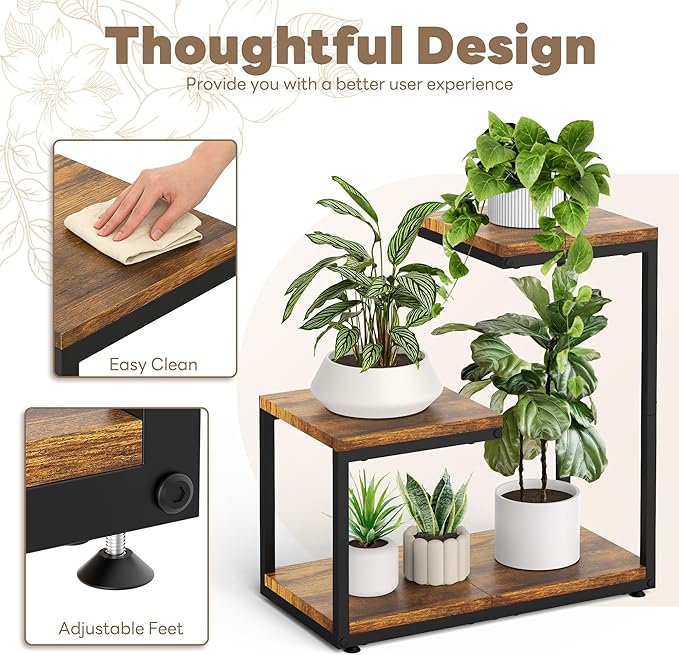 3 Tier Plant Stand Indoor, Thickened Metal Wood Corner Plant Shelf Stands for Multiple Plants, Indoor Tall Plants Stand Tiered Flower Holder for Living Room Patio Garden Balcony(Black+Brown)