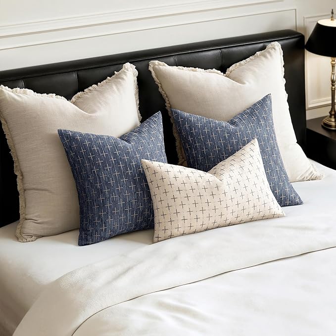 MIULEE Pack of 2 Decorative Burlap Linen Throw Pillow Covers Modern Farmhouse Pillowcases Rustic Woven Textured Cushion Cover for Sofa Couch Bed 16x16 Inch Blue