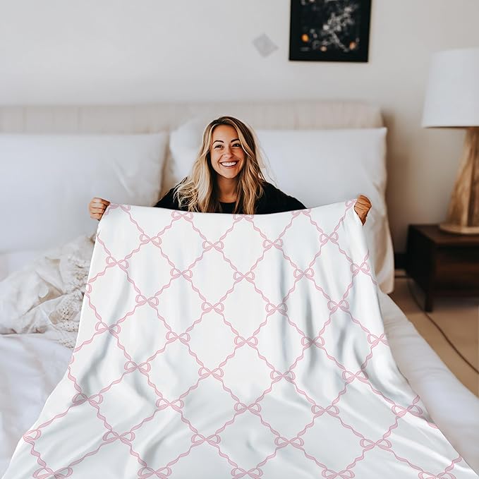 Coquette Pink Bow Blanket, Preppy Throw for Couch Bed Sofa, Cute Girly Bedroom Decor for Girls Women, Coquette Room Decor, 50x60 Inches