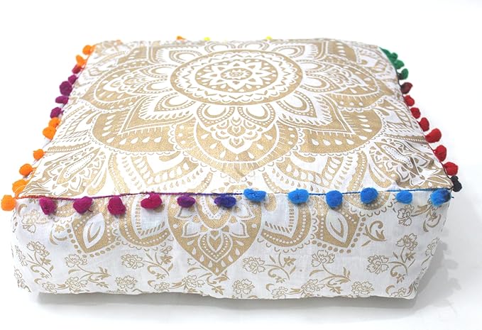 CRAFT KALA 18" Square Large Hippie Mandala Meditation Floor Ottoman Pillow Cushion Pouf Cover Square Poufs Bohemian Circle Floor Cushion Case Outdoor Fireplace Living Decor Cover White Gold Flower