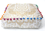 CRAFT KALA 18" Square Large Hippie Mandala Meditation Floor Ottoman Pillow Cushion Pouf Cover Square Poufs Bohemian Circle Floor Cushion Case Outdoor Fireplace Living Decor Cover White Gold Flower