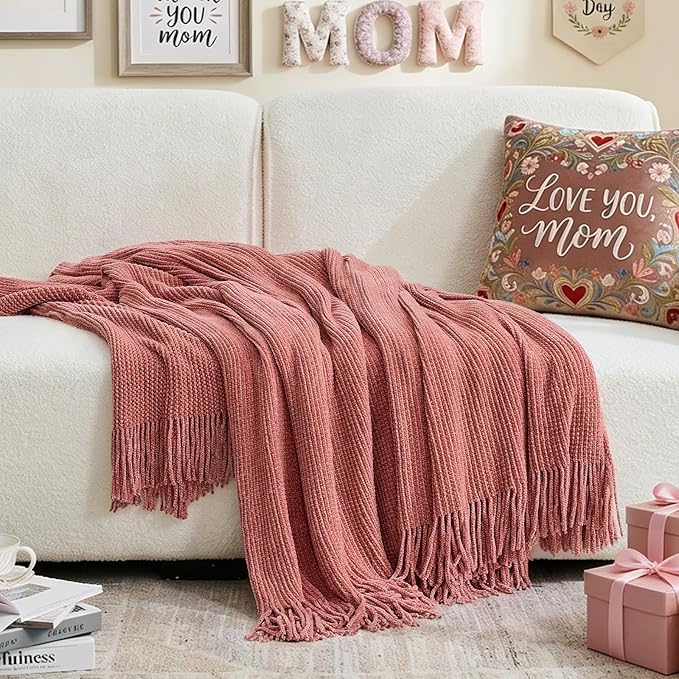 inhand Coral Pink Chunky Chenille Throw Blanket for Couch Bed, Mothers Day/Mom Birthday Gifts for Mom from Daughter Son,Soft Boho Knitted Blanket,Cozy Decor for Living Room,50"x60",Extra Thick