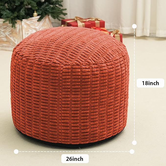 Round Stuffed Pouf Ottoman for Foot Rest, Storage Ottoman Pouf Foot Stool Cushion, Faux Fur Poufs with Foam Chunk Filling, 26 X 18 Inch Floor Chair for Living Room Bedroom Home Decor, Coral Orange
