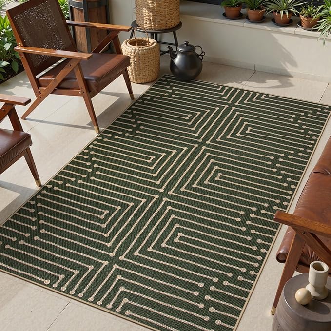 Lahome Boho 3x5 Easy Jute Rugs for Entryway, Non Slip Green Area Rug, Maze Lines Modern Washable Rugs for Bedroom, Low Pile Indoor Outdoor Carpet for Deck Porch Backyard