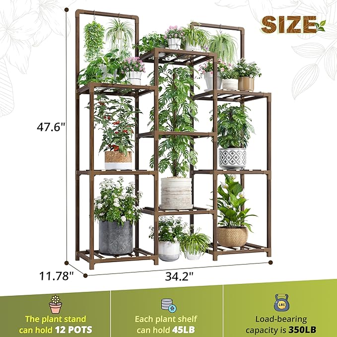 EnHomee Plant Stand Indoor Tall Plant Stand Outdoor Large Wood Plants Shelf with 10-12 Pots for Patio, Living Room, Garden, Balcony, 34.2 Wx47.6 Hx11.78 D