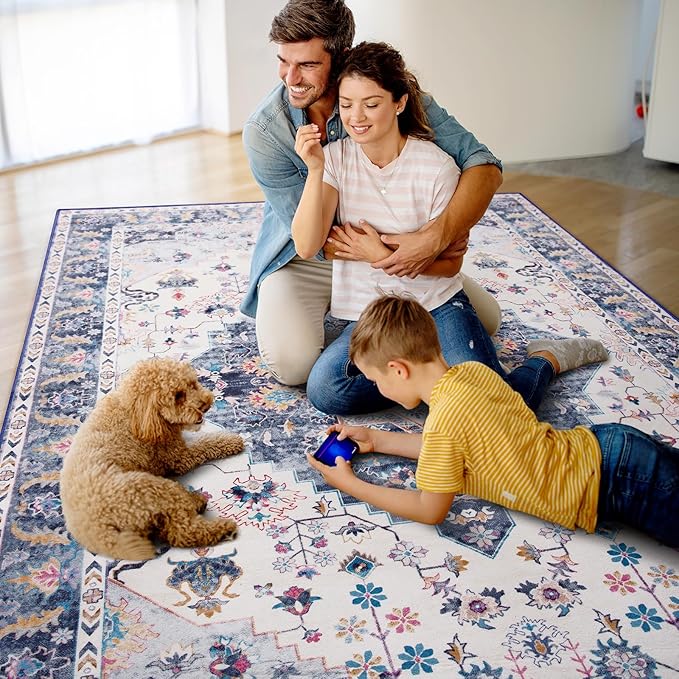 Amearea Vintage Design Area Rugs for Living Room, 6x9 Machine Washable Floral Collection Traditional Bedroom Rug, Low Pile Cute Kids Room Print Carpet, No Slip Office Kitchen Home Decor, Blue