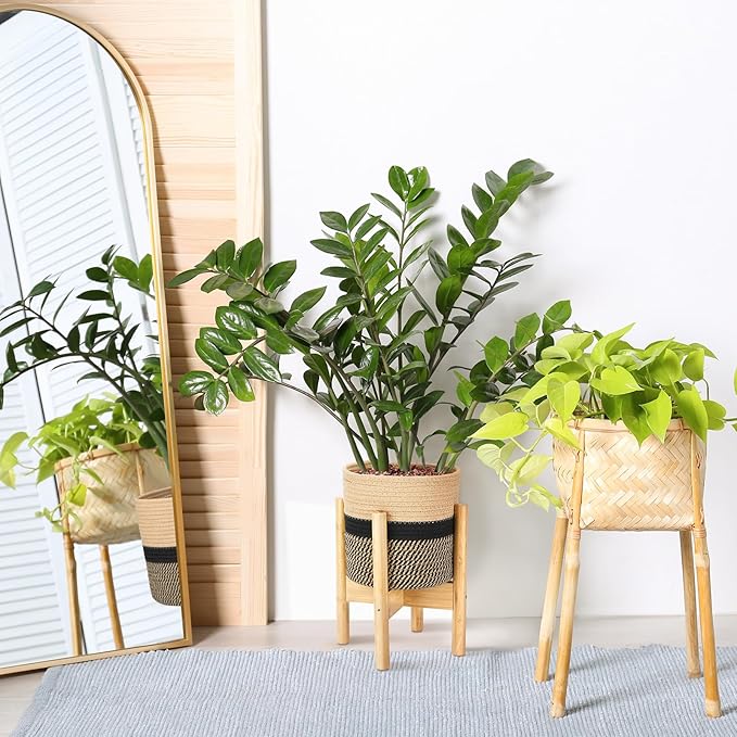 Plant Basket with Stand Indoor Planter Pot Holder Sturdy Jute Rope Modern Woven Basket, Cotton Rope Woven Pot with Bamboo Stand(7.87 Inch,Black and Beige Stripes)