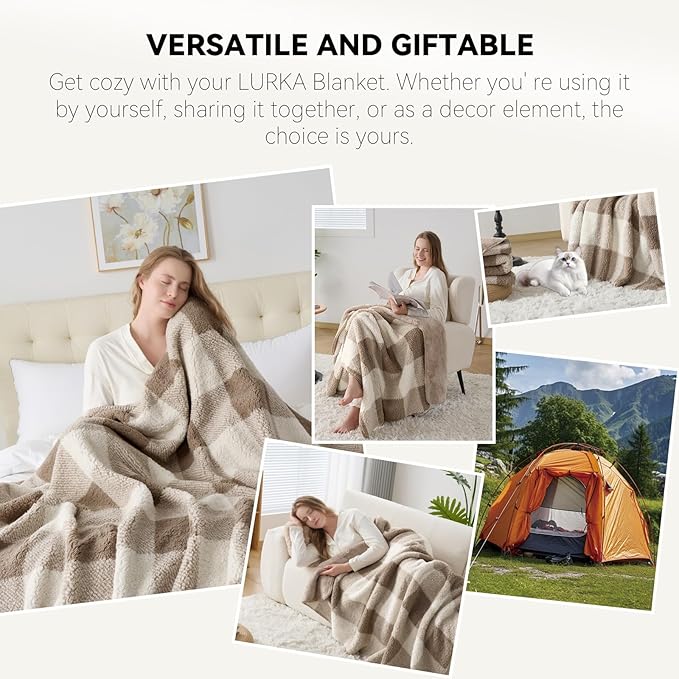 LURKA Checkered Sherpa Fleece Throw Blanket – Soft and Cozy, Medium Weight for All Season, Plush Throw for Couch, Bed & Pets, Khaki, 50x60 Inches