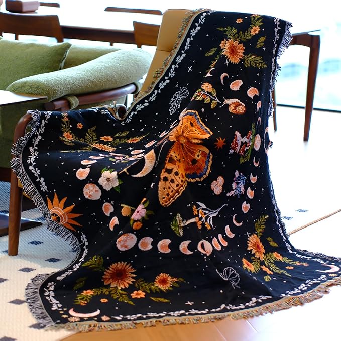 Moon Phase Butterfly Boho Woven Throw Blanket for Couch Bed Lounge Chair Hippie Room Decor Bedspread Boho Vintage Throws Blankets Outdoor Blanket Aesthetic Wall Hanging Celestial Bedroom Decor 51”x59”