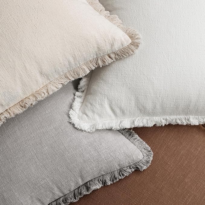 MIULEE Decorative Couch Pillow Covers Neutral Linen Fringe Throw Pillows Set of 4 Modern Cushions Boho Farmhouse Pillowcases for Bed Sofa Living Room Spring Home Decor 18x18 Inch Beige/Brown/Grey