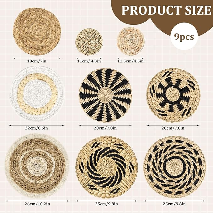 MJOGGOTT 9 Pcs Boho Wall Basket Decor Hanging Woven Wall Basket Art Decor Rattan Wicker Seagrass Home Round Tassels White Macrame Tapestry Baskets Decoration for Kitchen Home Farmhouse Decoration