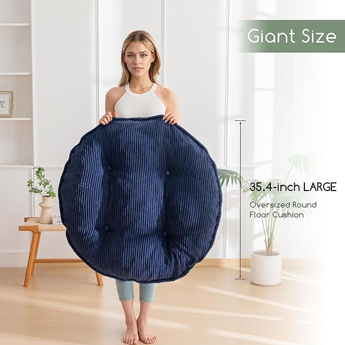 35" Washable Floor Pillow Cushion for Adults, Meditation Cushion Pillow, Extra Large Round Floor Sitting, Removable Tufted Corduroy Cover, for Tatami Living Room or Yoga, Navy, Machine Washable