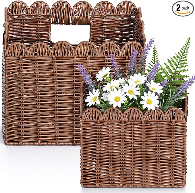 2 Pack Scalloped Wicker Hanging Basket for Organizing Woven Wall Baskets for Front Door Mail Flowers Books Accessories Boho Rustic Farmhouse Wall Decor (Pe Rattan)