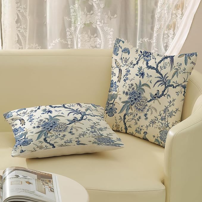 Chinoiserie Floral Bird Pillow Covers 20x20 Set of 2 Blue Chinoiserie Flowers Decorative Pillow Cases Outdoor Blue and Cream Throw Pillows Farmhouse Linen Cushion Case for Couch Home Decor