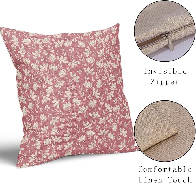 Pink Pillow Covers 22x22 Set of 2 Vintage Floral Rustic Old Style Cute Flower Print Decorative Outdoor Pillowcases Seasonal Farmhouse Throw Cushion Case Decor for Couch Sofa Bed