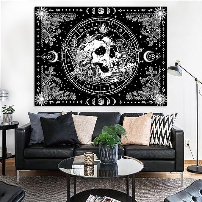 Aipon Black and White Skeleton Tapestry Bedroom Skull Mushroom Tapestries Hippie Nature Plants Floral Flower Aesthetic Tapestry Wall Hanging for Living Room Dorm (Black, 48'' × 36'')