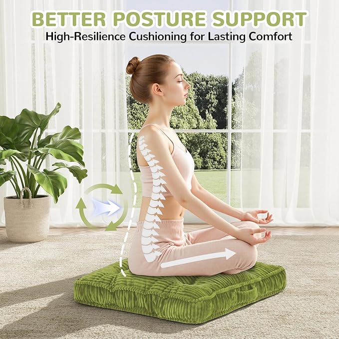 Floor Pillow, 22x22 Tufted Floor Cushion for Adults, Square Large Meditation Cushion Pillow, Corduroy Sitting with Handle, Yoga Seating for Tatami, Light Green,1Pack