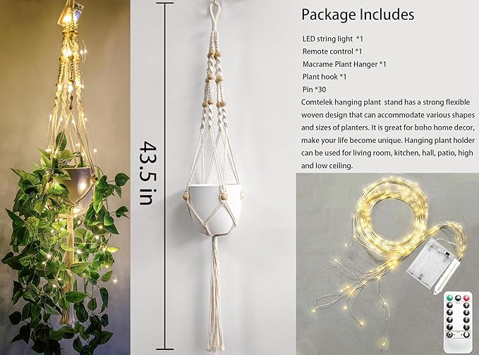 Comtelek Macrame Plant Hanger with Lights Indoor Hanging Planter Basket with Wood Beads Flower Pot Holder Handwoven Cotton Rope Tassels for Boho Home Window Decor 43.5 Inch, Ivory (POTS NOT Included)