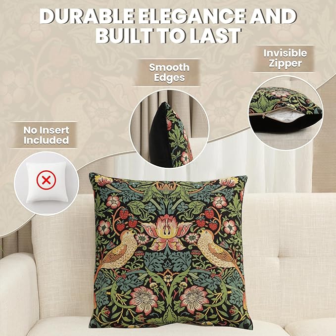 Charlotte Home Furnishings Throw Pillow Covers Decorative Boho Pillow Covers for Couch Living Room Black Strawberry Square Cushion Cases 18x18 in European Cotton Jacquard Woven Cozy Bedroom Decor
