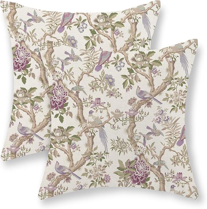 Chinoiserie Pillow Covers 18x18 Set of 2 Purple Green Floral Bird Throw Pillows Vintage Flowers Bird Decorative Pillow Cases Outdoor Chinoiserie Decor Farmhouse Cushion Case for Couch Sofa