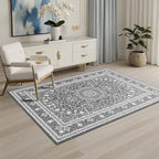 Lessymo 3 x 5 Area Rugs for Living Room- Machine Washable Area Rugs Boho Faux Wool Low Pile Area Rug for Bedroom Floral Medallion Vintage Rugs with Non-Slip Rubber, Kid & Pet Friendly,Grey White