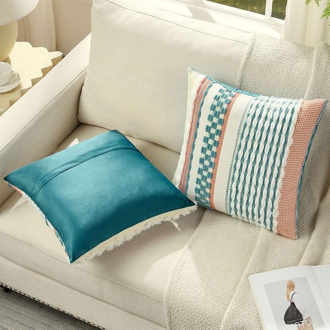 FUTEI Teal Accent Throw Pillow Covers Set of 2, 20x20 Inch Plush Tufted Striped Textured Decorative Cushion Cases for Farmhouse Boho Couch Decor