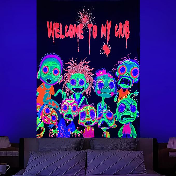 Horror Tapestry Blacklight Tapestry for Bedroom Zombie Crowd Around Tapestries UV Reactive Poster Glow in the Dark Walker Undead Ghoul Tapestries Wall Hanging Halloween Decor Scary Room Decor 90"x71"