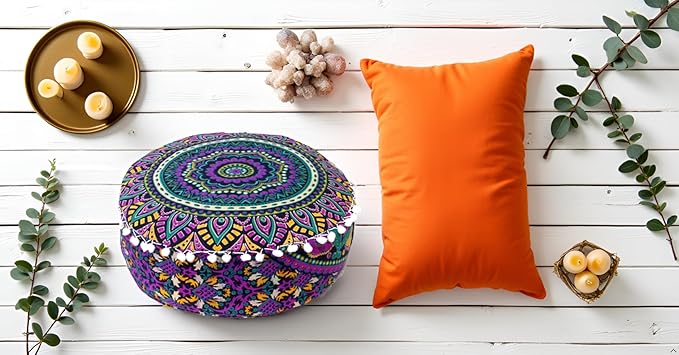 CRAFT KALA Large Hippie Mandala Meditation Floor Ottoman Pillow Cushion Pouf Cover Square Poufs Bohemian Circle Floor Cushion Case Outdoor Fireplace Yoga Living Room Decor Cover New Pink, 18" Round