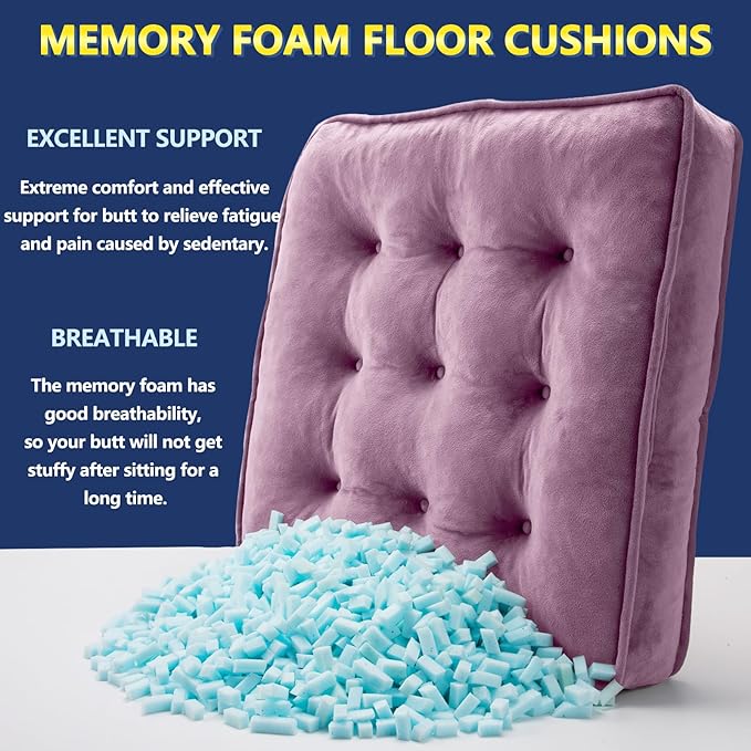Floor Pillow Set of 2, Memory Foam Meditation Cushion, Floor Cushions for Adults Sitting, Large Square Seat Cushions for Yoga, Living Room, 20x20 Inch (Purple)