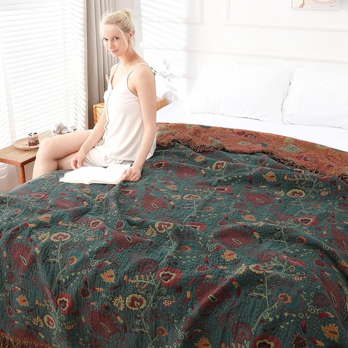 Boho Throw Blanket for Bed - 100% Pure Cotton Ultra Soft Rustic Quilt - Farmhouse Decor Bed Blankets, All Season Rustic Throw for Sofa Couch Chair(50"×60", Boho Floral)