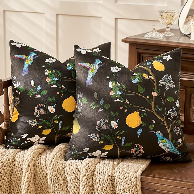 MUSSEL Brown Floral Pillow Covers 18x18 Set of 2, Velvet Wild Flower Plant Throw Pillows Case, Square Farmhouse Decor Cushion Covers for Home Sofa Bed Couch