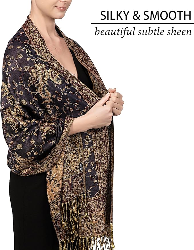 Achillea Reversible Paisley Pashmina Rave Scarf – Exotic Indian Shawls and Wraps for Evening Dresses, Festivals, All Seasons