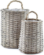 AuldHome Design Wall Hanging Baskets (Set of 2, Gray); Woven Wicker Rustic Farmhouse Gray Washed Door Baskets, Small and Medium Size