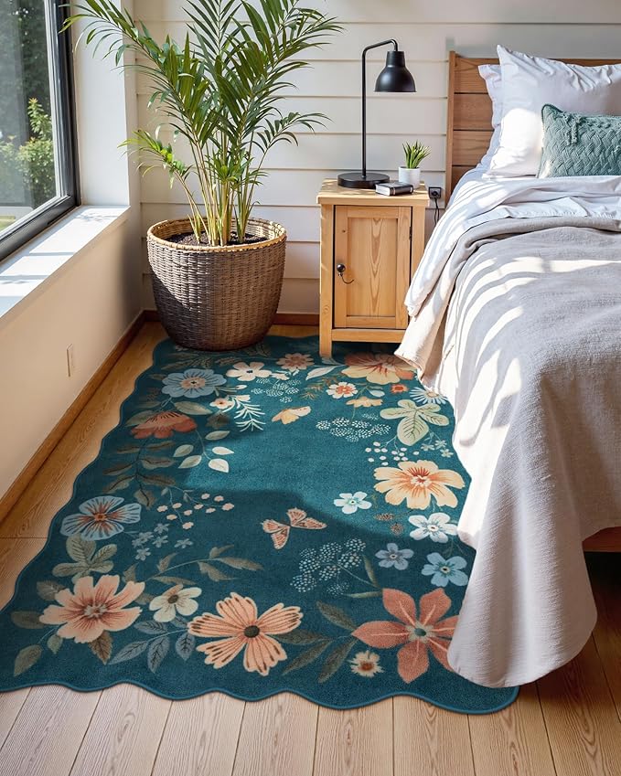 Lahome Floral Machine Washable Rug, 3x5 Rug Non Slip Soft Bedroom Rugs for Entryway Dorm, Ultra-Thin Boho Rugs for Living Room Throw Carpet for Nursery Entrance Flore, Navy Blue