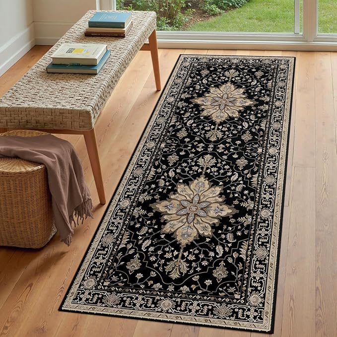 Area Rugs 3'x7' Runner Rug Non Slip Washable for Kitchen Hallway Bedroom Beside Laundry Room Bathroom Rug, Floor Carpet, Black Brown Neutral Dark Tan