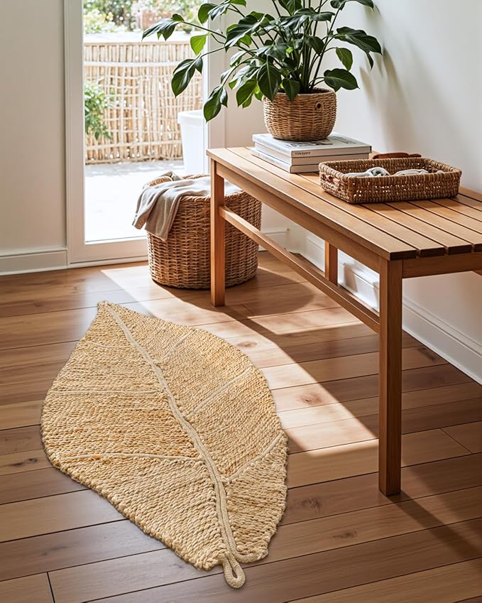DEXI Jute Door Mat Inside Entryway Braided Woven, 24x35 Front Entrance Doormat Inside Leaf Shaped, Welcome Natural Fiber Entry Mats Farmhouse Home Decor, Beige