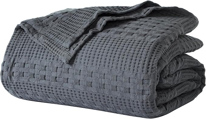 VHC Brands 100% Cotton Waffle Weave Queen Blanket 90"x90", Decorative Lightweight Spring and Summer Throw Blanket, Bedroom Decor for Bed, Couch, or Sofa, Dark Grey