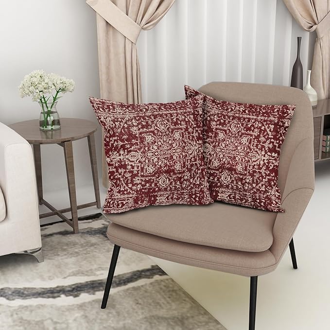 Burgundy Red Boho Throw Pillow Covers 20x20 Inch Decorative Square Beige Tan Gray Maroon Pillow Cases Bohemian Carpet Pattern Ethnic Cushion Covers Farmhouse Home Decor For Sofa Couch Outdoor Set of 2