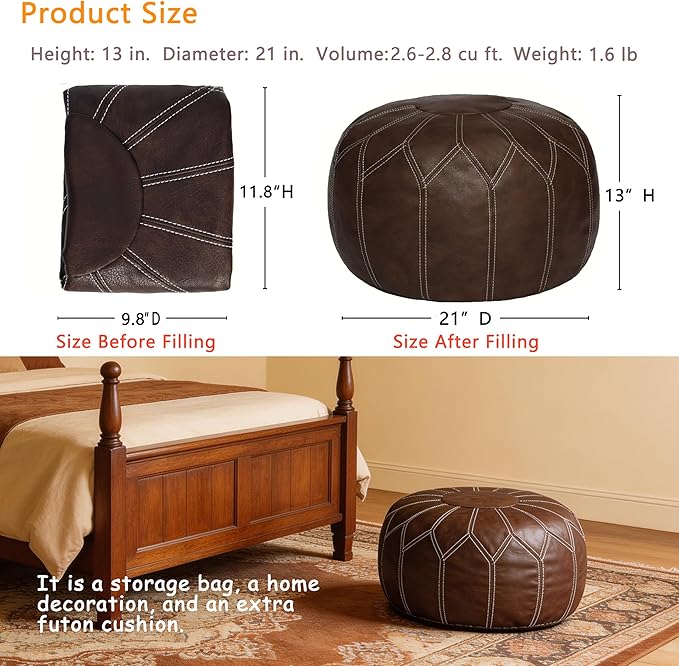Thgonwid Unstuffed Moroccan Faux Leather Pouf Ottoman with Storage - Handmade Boho Chic Multi-Use Footrest for Living Room, Bedroom, Patio - Round Ethnic Floor Cushion & Decorative Accent, Deep Coffee