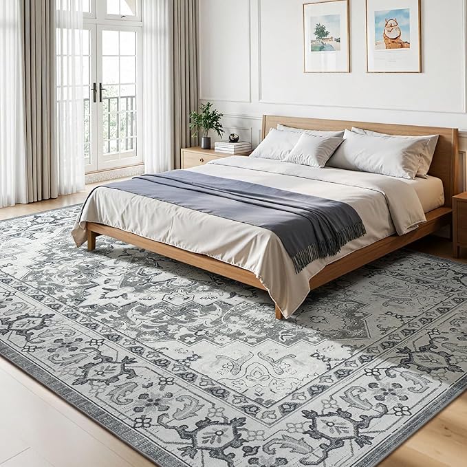 Lessymo Area Rugs 9x12 Living Room- Large Area Rug Machine Washable Area Rug for Bedroom Living Room, Vintage Rugs Boho Floral Medallion, Non-Slip Rubber, Low Pile, Kid & Pet Friendly, Grey White