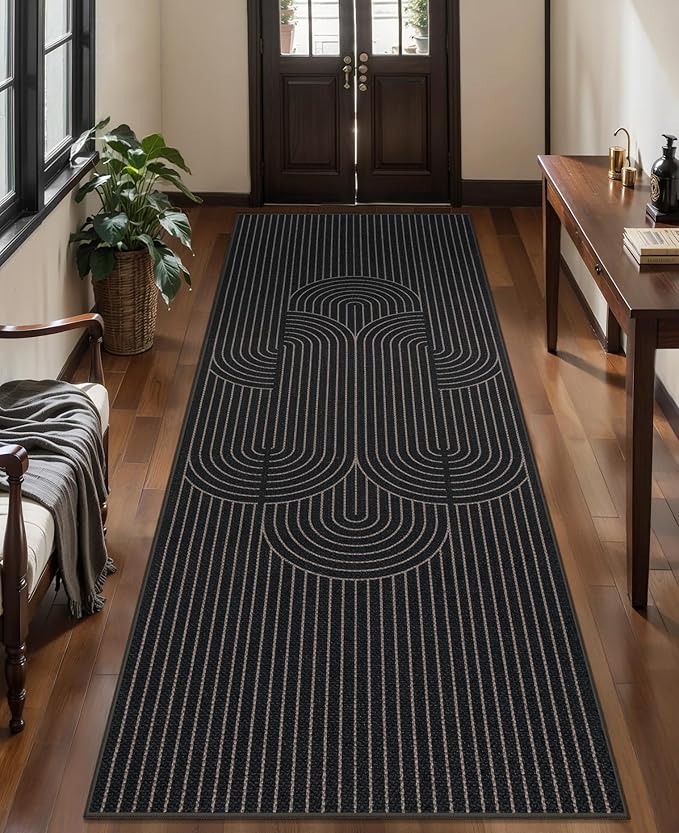 Tangsoo Modern Easy Jute Rug 2.6x8 Washable Runner Rug for Hallways,Non-Slip Thin Black Geometric Indoor Outdoor Rug Runner,Farmhouse Carpet for Porch Laundry Bedroom Kitchen Entryway