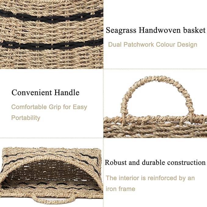Handmade Seagrass Woven Hanging Basket with Black Cotton Rope - 11.81 x 4.33 x 7.87 Inches - Ideal for Wall Decor & Storage (Half-moon opening)