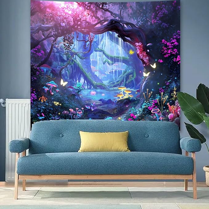 Apdidl Forest Nature Room Decor Tapestry Wall Hanging, Fantasy Trees Butterfly Mushroom Tapestries for Bedroom, Blue Colorful Floral Magical Plants Jungle Landscape Backdrop for Living Room 51"X60"