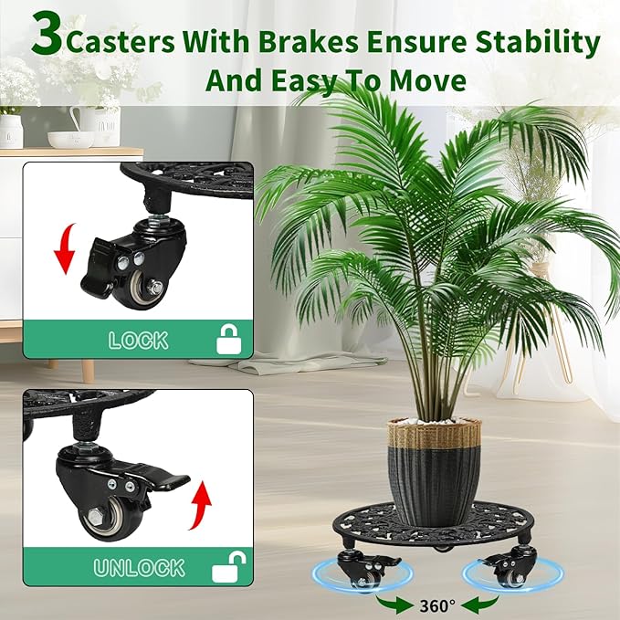 Rolling Plant Stand with Wheels, 2 Pack Heavy Duty Metal Plant Caddy 11 Inch Wrought Iron Plant Dolly Outdoor Round Plant Rollers Stand for Large Potted Plants and Flower Pot, Black