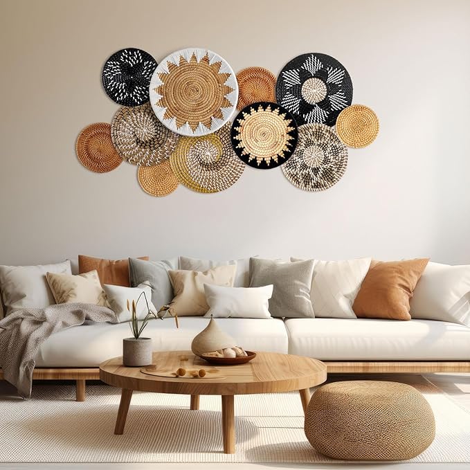 11 Pcs Boho Hanging Wall Basket Decor Handmade Woven Basket Wall Decorative Boho Wicker Baskets Placemats Round Farmhouse Bulrush Art for Rustic Home Decorations Christmas Gift(Stylish)