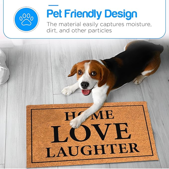 PLUS Haven Coconut Coir Home Entrance Door Mat – 17.5" x 30" | Home Love Laughter Heavy-Duty Doormat for Indoor & Outdoor Use | Durable & Eco-Friendly