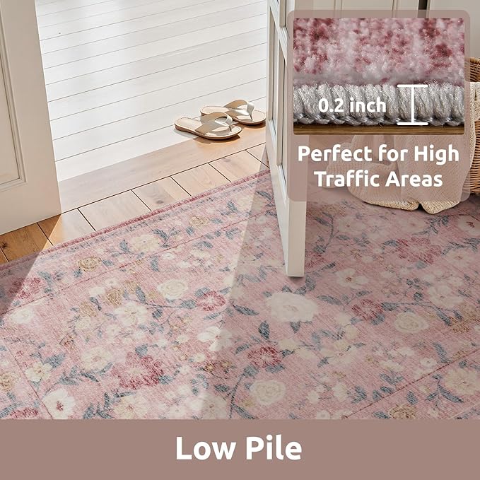 AMOAMI Front Door Mat Indoor Entrance, 2x3 Machine Washable Floral Rugs for Entryway Rug Non Slip Ultra-Thin Soft Boho Small Area Rug Low Pile Throw Rugs for Entrance Kitchen Bathroom, Pink